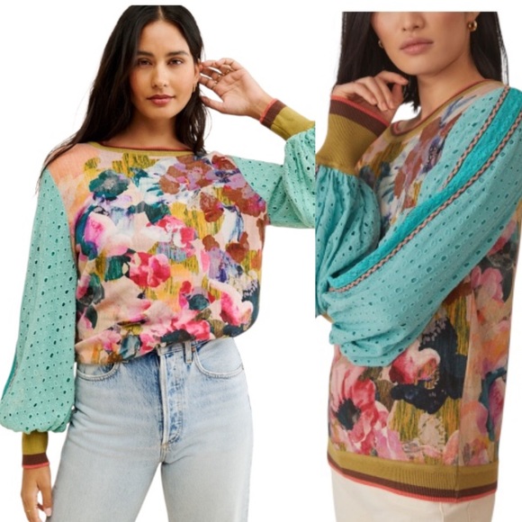 Anthropologie Tops - Anthropologie Bl^nk Contrast Eyelet Puff Sleeve Pullover Top in Turquoise - S